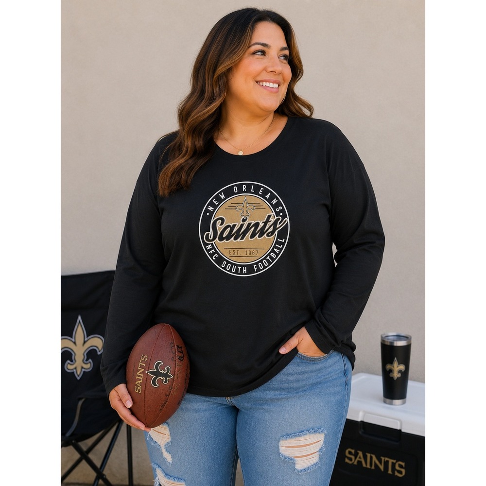 NFL New Orleans Saints Football Long Sleeve T-Shirt Women 2X Black Cotton NEW